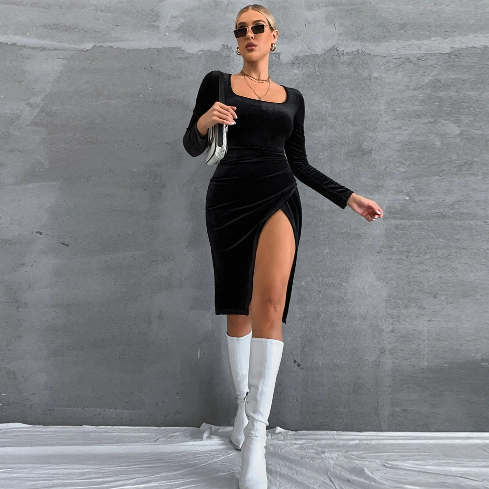 ZARA Spring Summer Velvet Square Neck Long Sleeve Slit Bodycon Dress